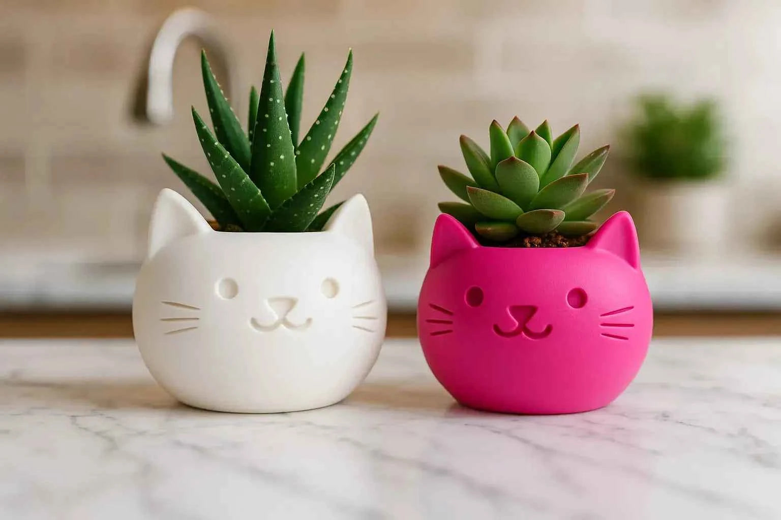 Vaso In Ceramica A Forma Di Gatto Per Piante Grasse | 8,9x8,9x7 Cm Con Vassoio In Bambù | Idea Regalo Originale Per Casa O Ufficio