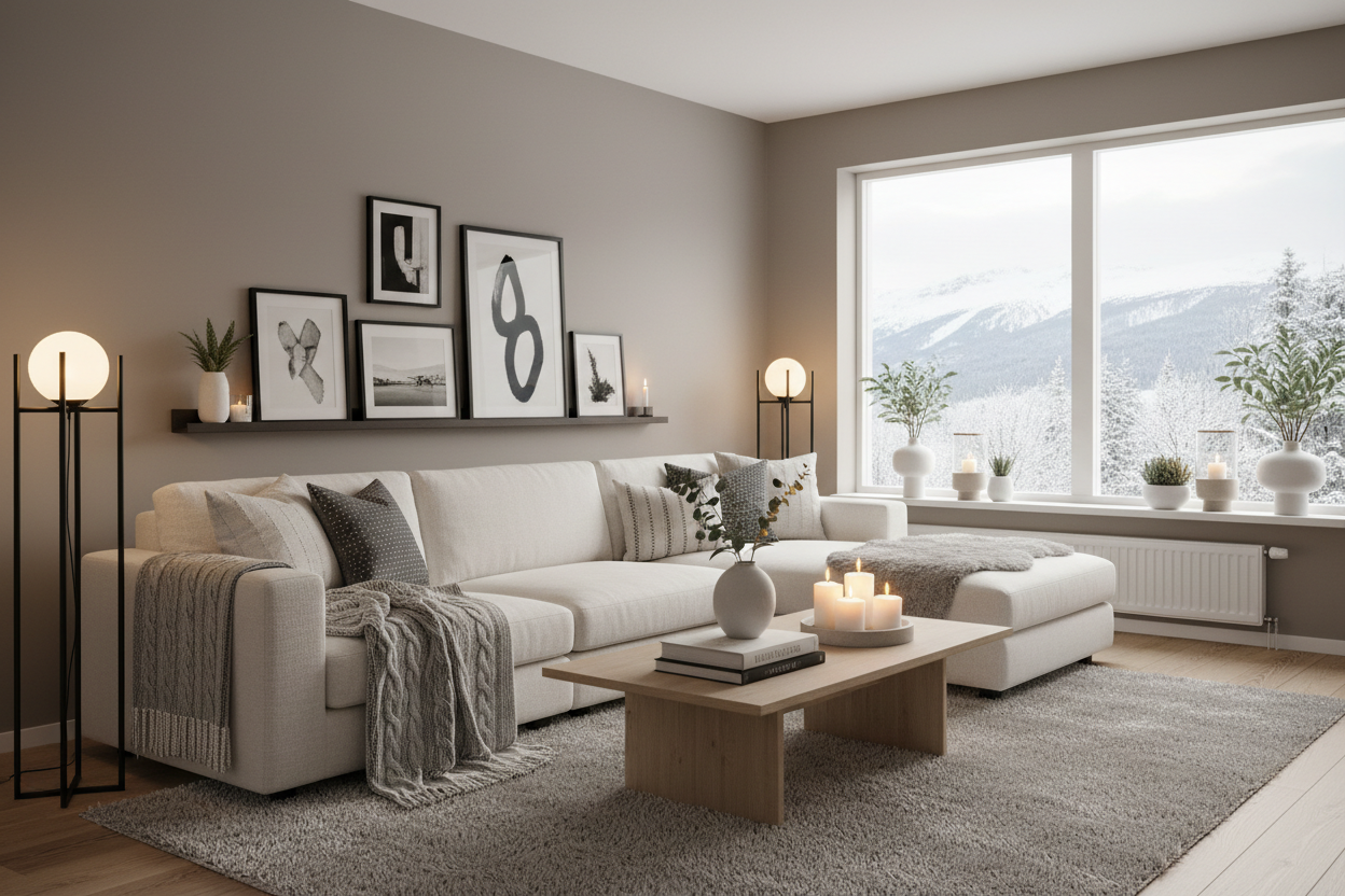 immagine di un soggiorno moderno, periodo invernale, con elementi di home decor